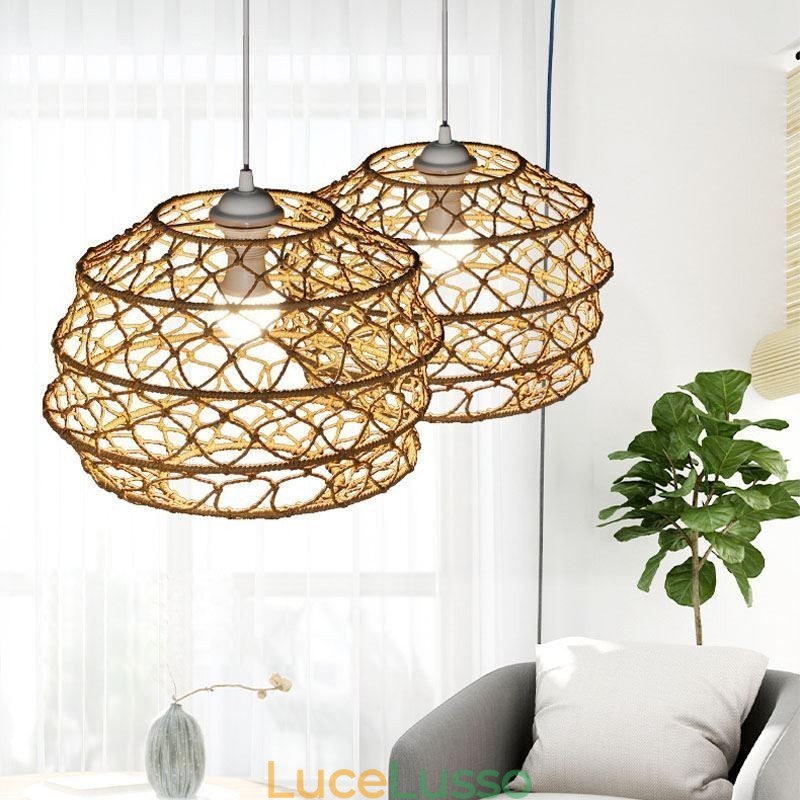 Moderna lampada a sospensione pastorale, lampada a sospensione creativa in rattan con paralume pieghevole