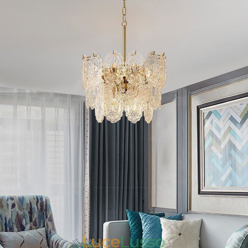Lampadario moderno in vetro con decorazione in bronzo e oro