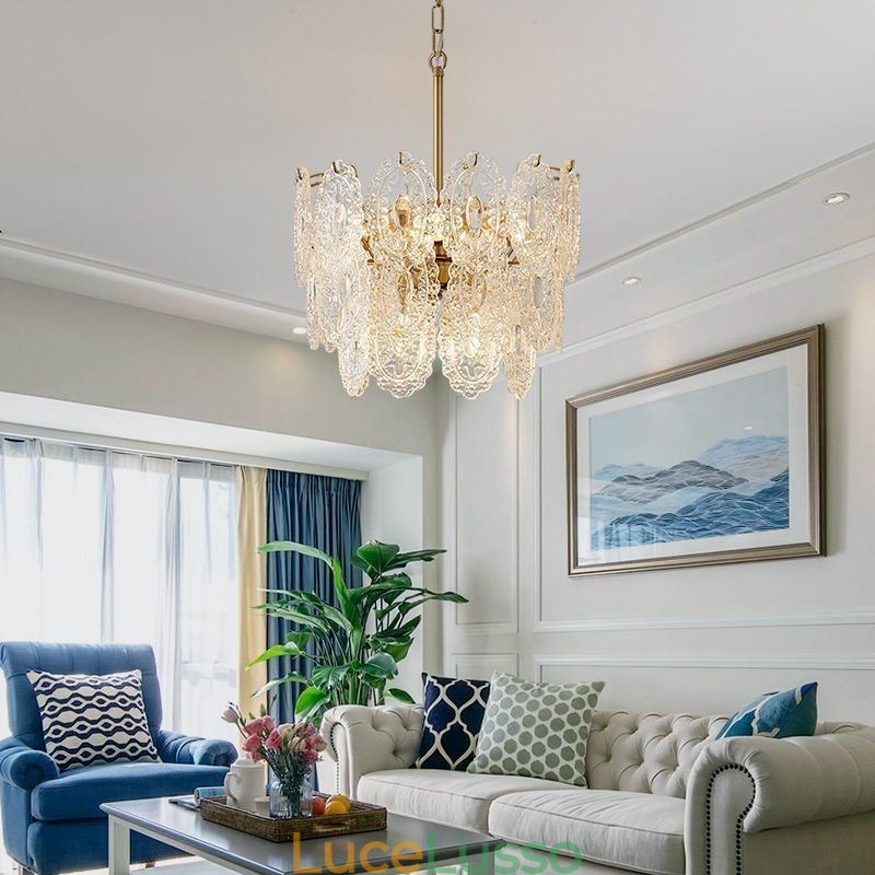 Lampadario moderno in vetro con decorazione in bronzo e oro