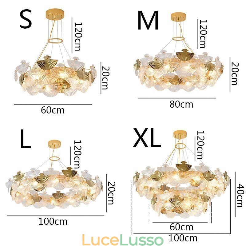 Lampadario a forma di ventaglio in vetro europeo