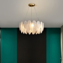 Lampadario in vetro artistico con piuma, luce pendente rotonda