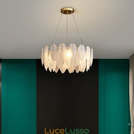 Lampadario in vetro artistico con piuma, luce pendente rotonda Lampadario in vetro artistico con piuma, luce pendente rotonda