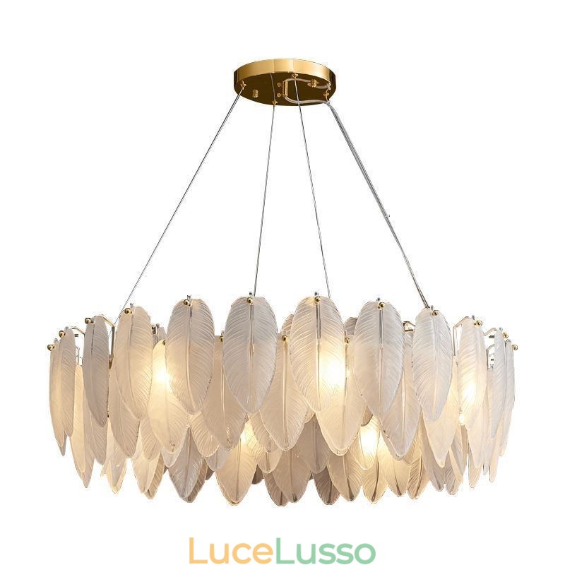 Lampadario in vetro artistico con piuma, luce pendente rotonda