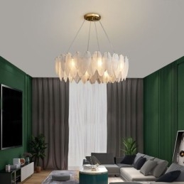 Lampadario in vetro artistico con piuma, luce pendente rotonda