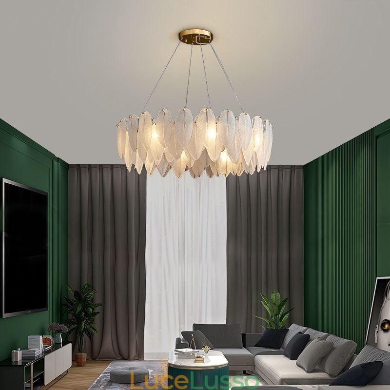 Lampadario in vetro artistico con piuma, luce pendente rotonda