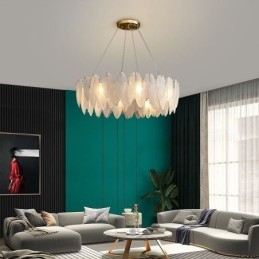 Lampadario in vetro artistico con piuma, luce pendente rotonda