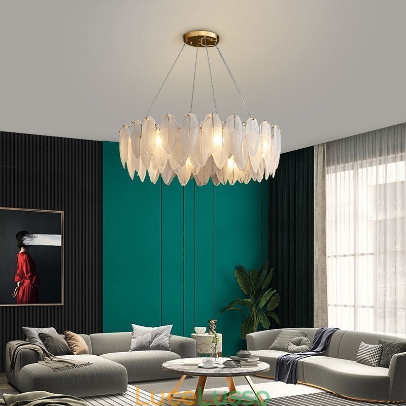 Lampadario in vetro artistico con piuma, luce pendente rotonda