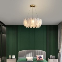 Lampadario in vetro artistico con piuma, luce pendente rotonda