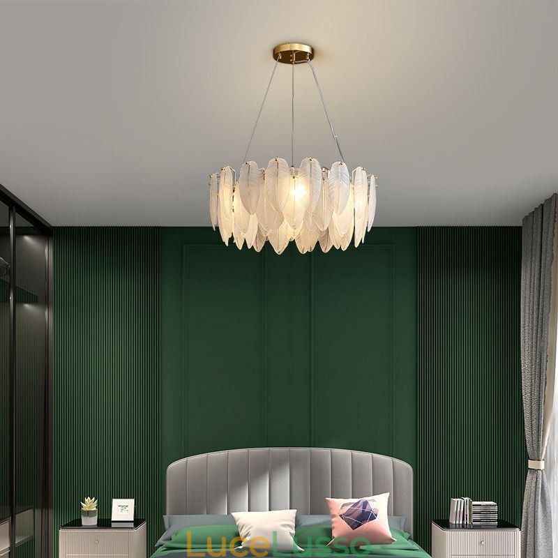 Lampadario in vetro artistico con piuma, luce pendente rotonda
