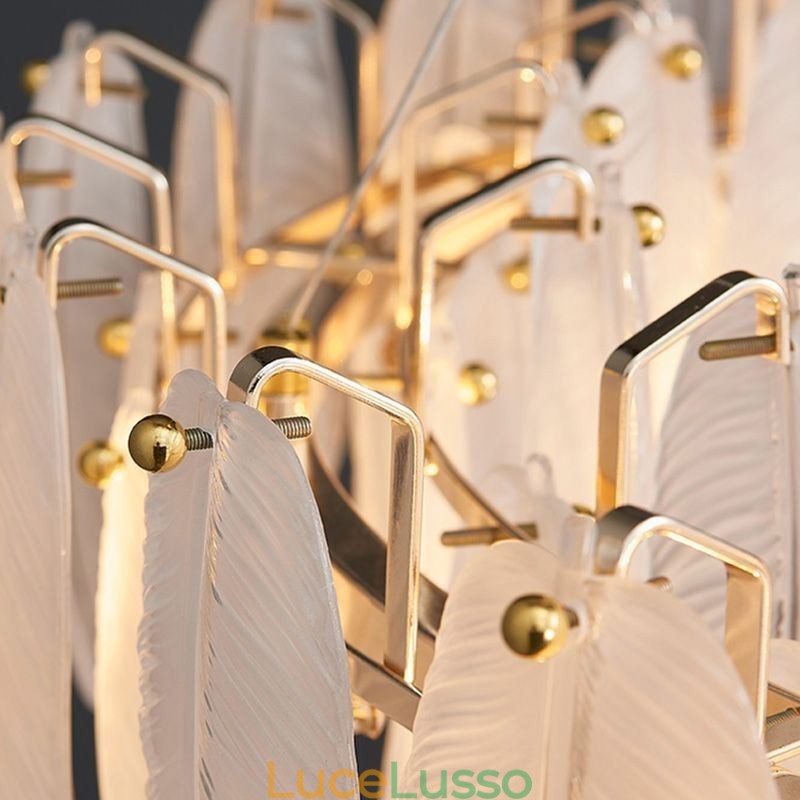 Lampadario in vetro artistico con piuma, luce pendente rotonda