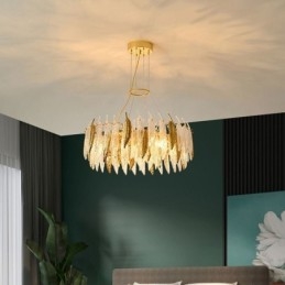 Lampadario in vetro artistico con piume, luce da soffitto rotonda