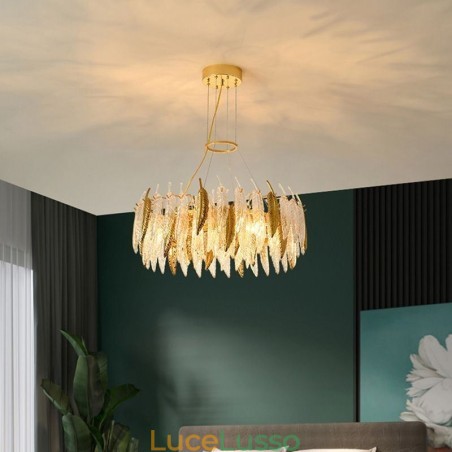 Lampadario in vetro artistico con piume, luce da soffitto rotonda Lampadario in vetro artistico con piume, luce da soffitto rotonda