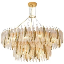 Lampadario in vetro artistico con piume, luce da soffitto rotonda