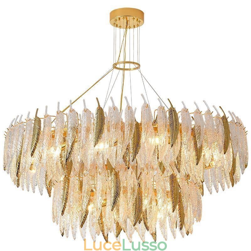 Lampadario in vetro artistico con piume, luce da soffitto rotonda