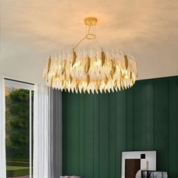 Lampadario in vetro artistico con piume, luce da soffitto rotonda