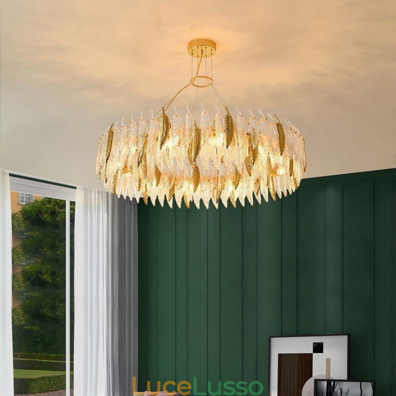 Lampadario in vetro artistico con piume, luce da soffitto rotonda