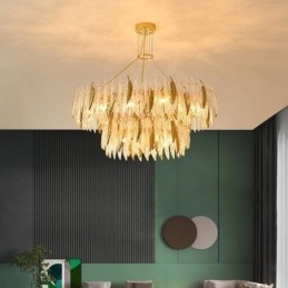 Lampadario in vetro artistico con piume, luce da soffitto rotonda