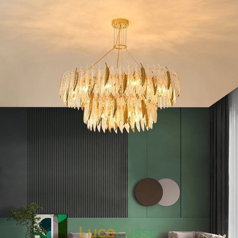 Lampadario in vetro artistico con piume, luce da soffitto rotonda