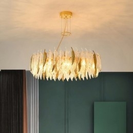 Lampadario in vetro artistico con piume, luce da soffitto rotonda