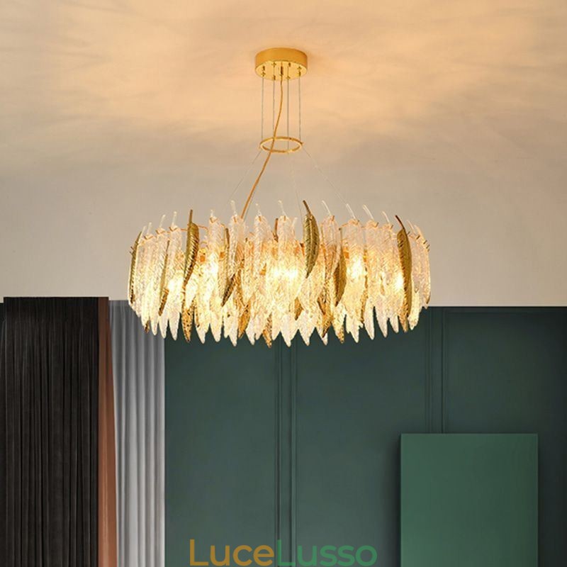 Lampadario in vetro artistico con piume, luce da soffitto rotonda