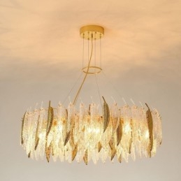 Lampadario in vetro artistico con piume, luce da soffitto rotonda