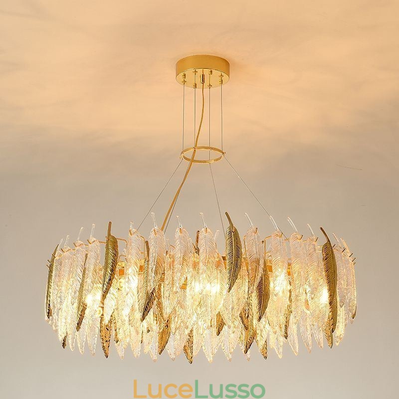 Lampadario in vetro artistico con piume, luce da soffitto rotonda
