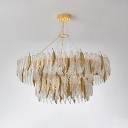 Lampadario in vetro artistico con piume, luce da soffitto rotonda