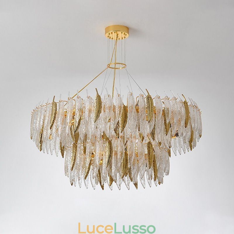 Lampadario in vetro artistico con piume, luce da soffitto rotonda