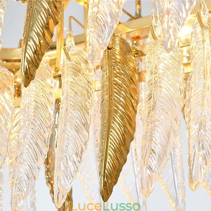 Lampadario in vetro artistico con piume, luce da soffitto rotonda