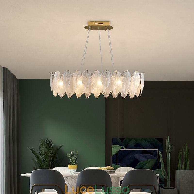 Lampadario in vetro artistico con ciondolo rotondo a forma di piuma