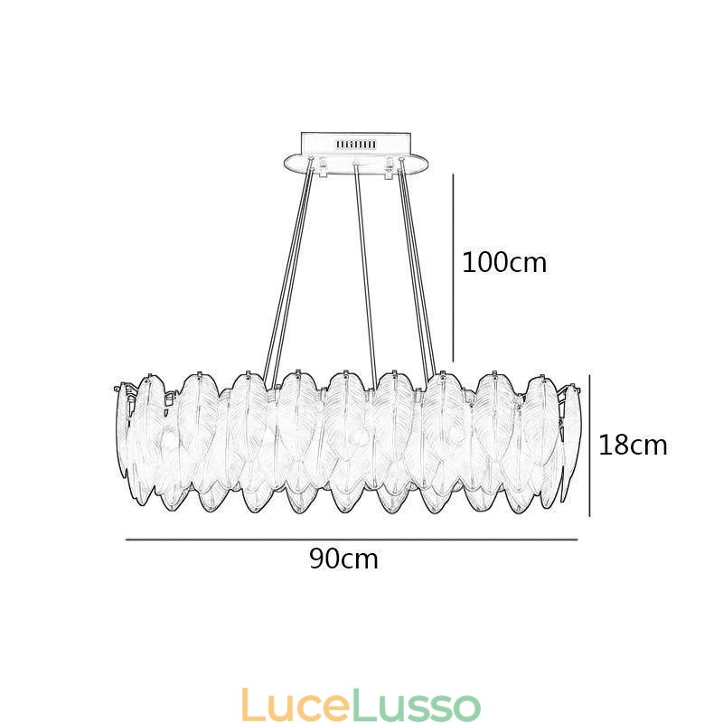 Lampadario in vetro artistico con ciondolo rotondo a forma di piuma