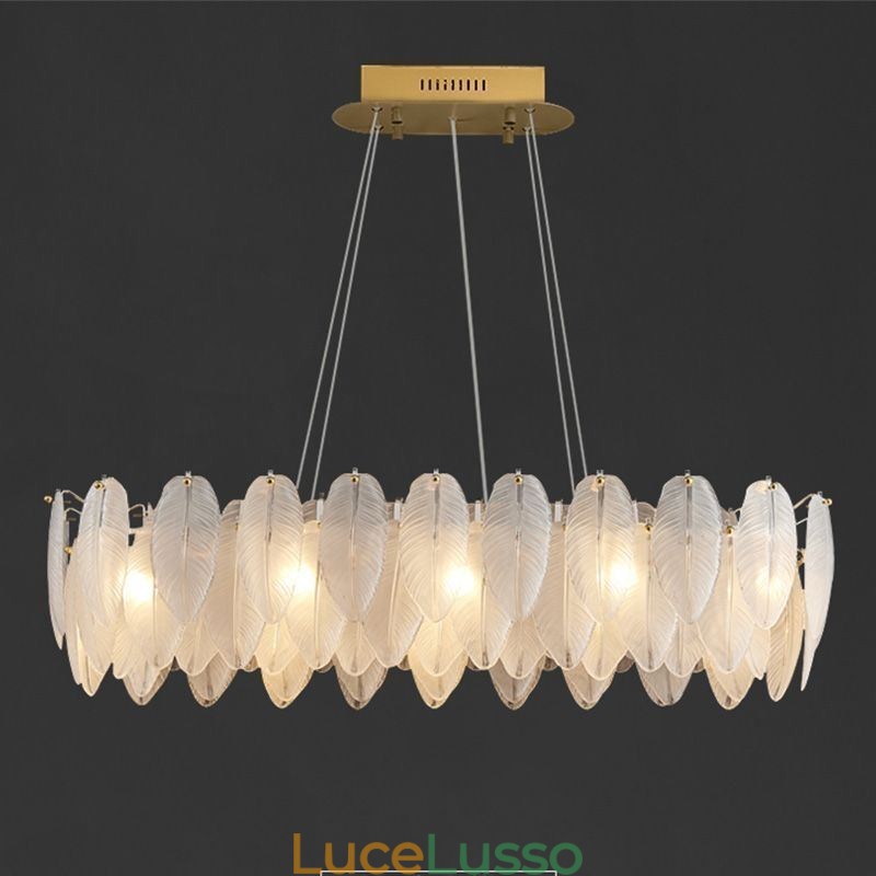 Lampadario in vetro artistico con ciondolo rotondo a forma di piuma