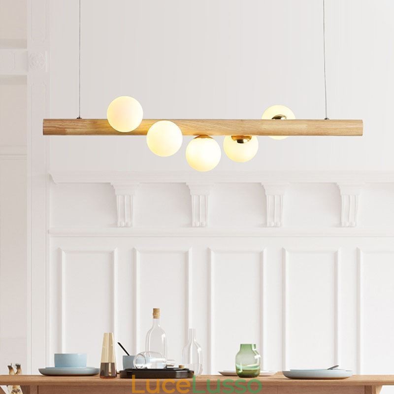 Lampada a sospensione Magic Bean con strisce di legno