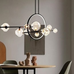 Lampadario moderno in metallo con bolle di vetro trasparente