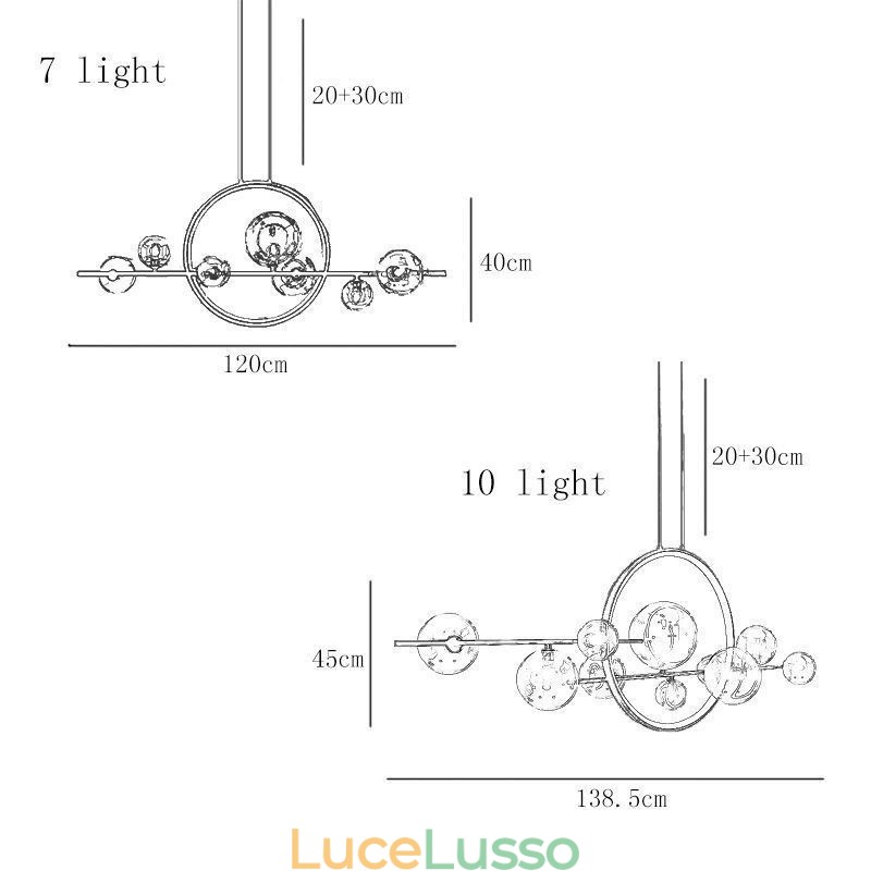 Lampadario moderno in metallo con bolle di vetro trasparente