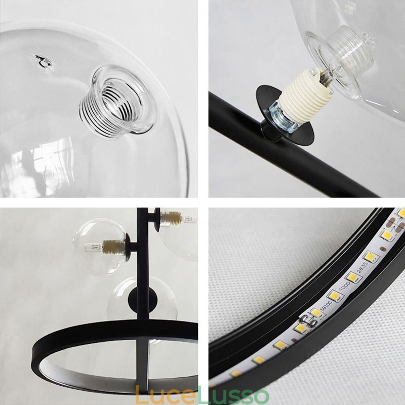 Lampadario moderno in metallo con bolle di vetro trasparente