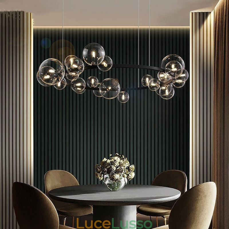 Lampadario moderno creativo in metallo con lampada a bolle in vetro trasparente