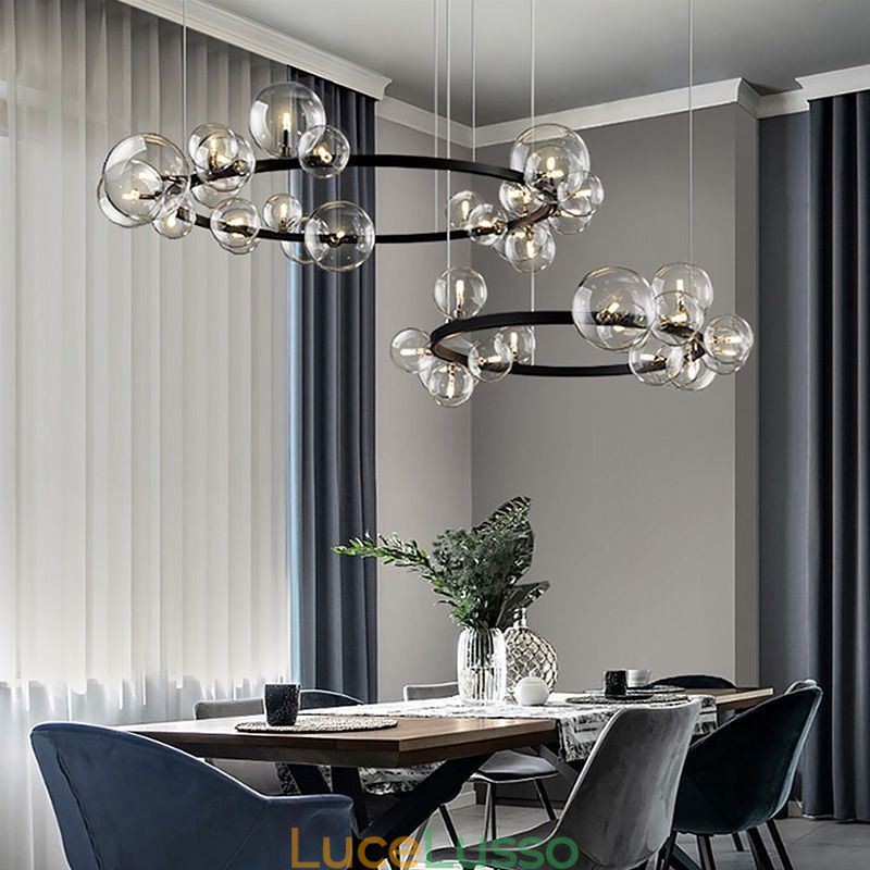 Lampadario moderno creativo in metallo con lampada a bolle in vetro trasparente