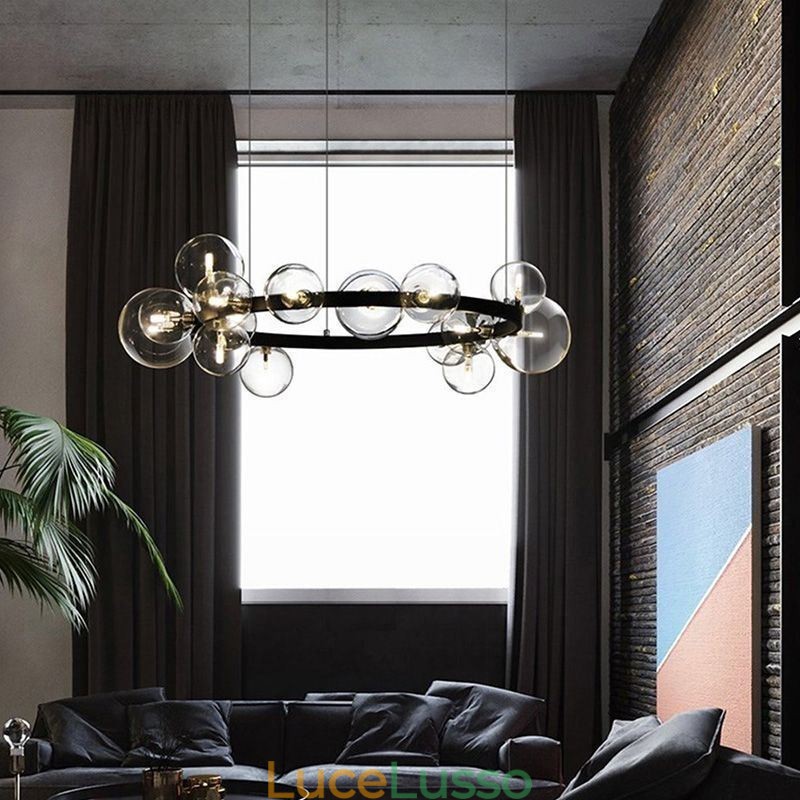 Lampadario moderno creativo in metallo con lampada a bolle in vetro trasparente