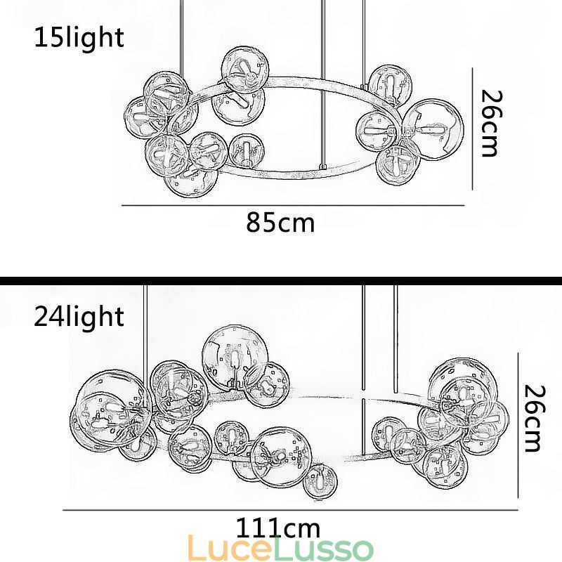Lampadario moderno creativo in metallo con lampada a bolle in vetro trasparente