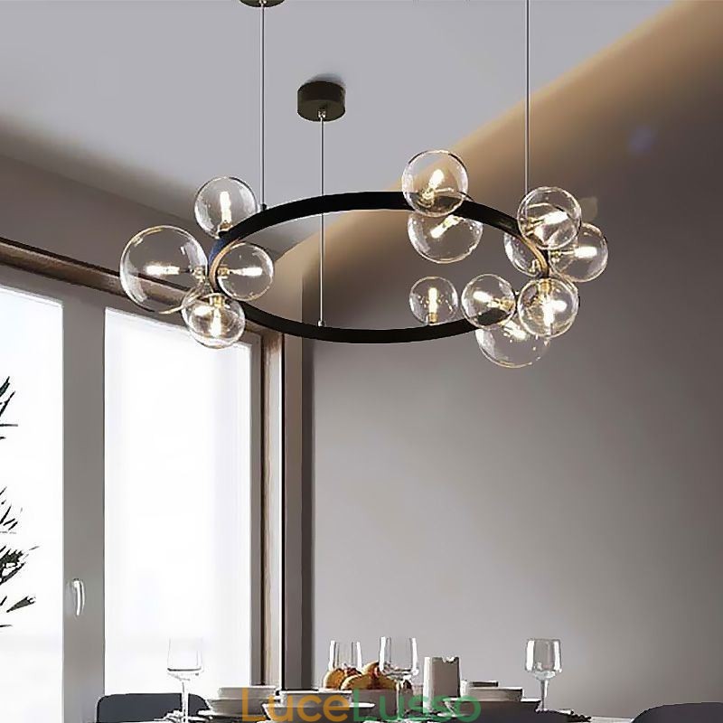 Lampadario moderno creativo in metallo con lampada a bolle in vetro trasparente