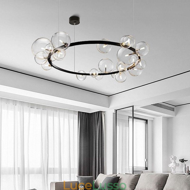 Lampadario moderno creativo in metallo con lampada a bolle in vetro trasparente