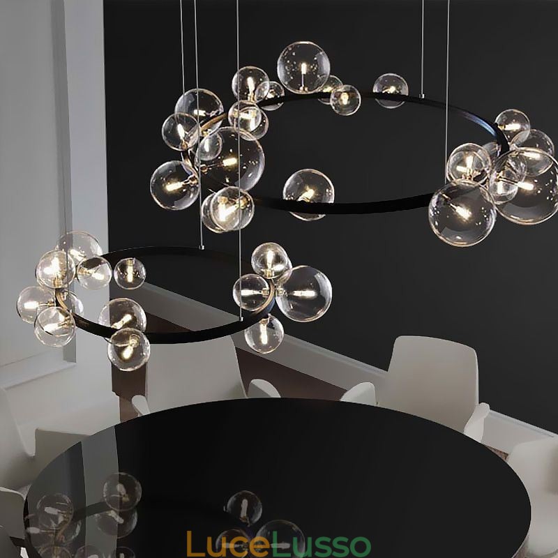 Lampadario moderno creativo in metallo con lampada a bolle in vetro trasparente
