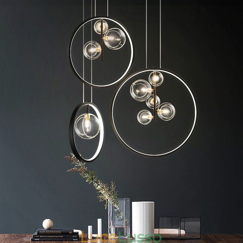 Lampada a sospensione nordica in vetro con bolle, lampadario a cerchio, lampada da salotto moderna