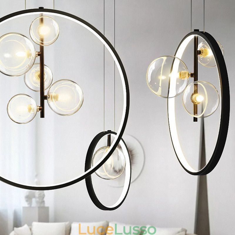 Lampada a sospensione nordica in vetro con bolle, lampadario a cerchio, lampada da salotto moderna