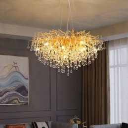 Lampadario di cristallo nordico con paralume rotondo a forma di fiore e luce pendente di lusso in oro