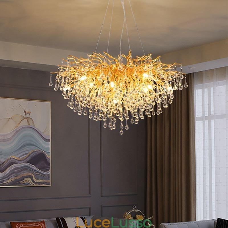 Lampadario di cristallo nordico con paralume rotondo a forma di fiore e luce pendente di lusso in oro