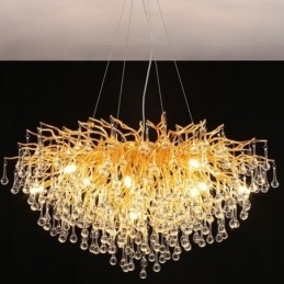 Lampadario di cristallo nordico con paralume rotondo a forma di fiore e luce pendente di lusso in oro