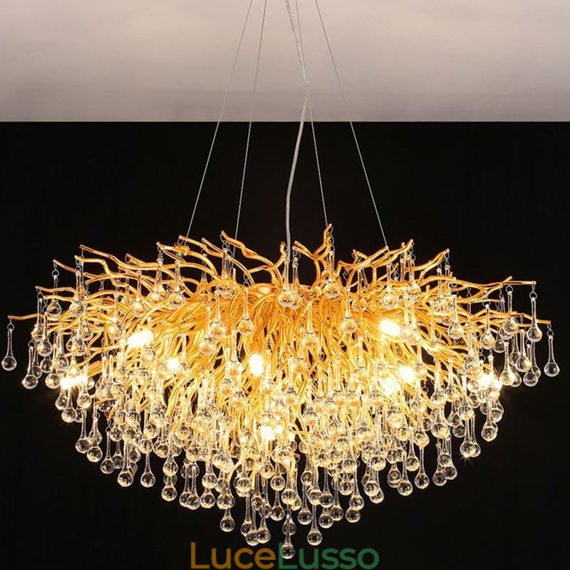 Lampadario di cristallo nordico con paralume rotondo a forma di fiore e luce pendente di lusso in oro