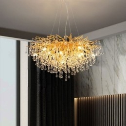 Lampadario di cristallo nordico con paralume rotondo a forma di fiore e luce pendente di lusso in oro